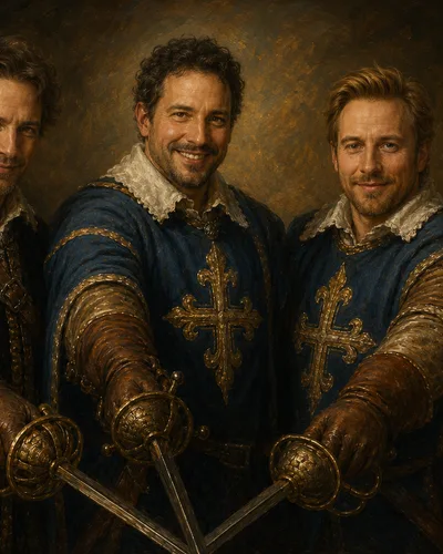 Drei Männer als Musketiere im klassischen Ölgemälde-Stil mit Schwertern, blauen Gewändern und historischer Abenteuer-Optik