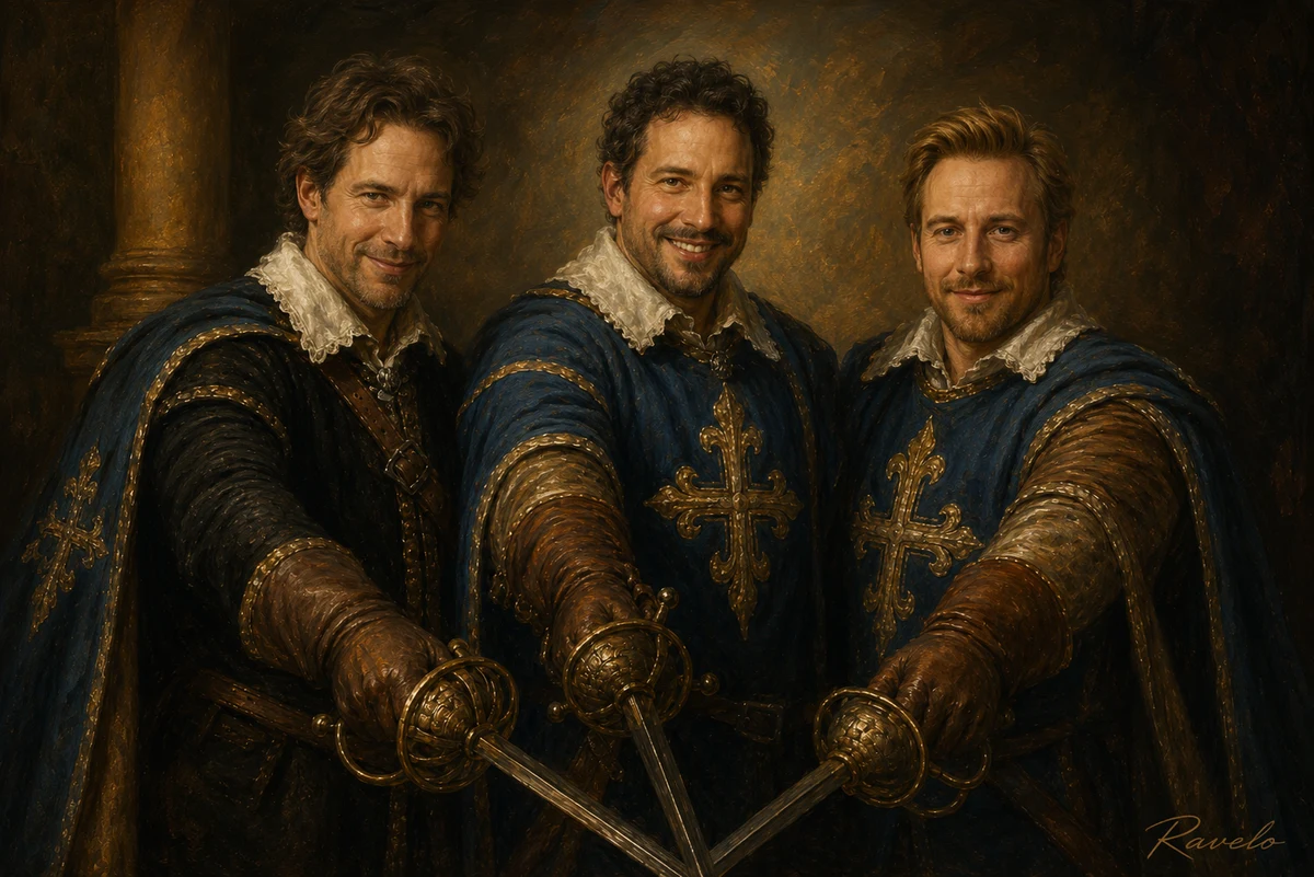 Drei Männer als Musketiere im klassischen Ölgemälde-Stil mit Schwertern, blauen Gewändern und historischer Abenteuer-Optik