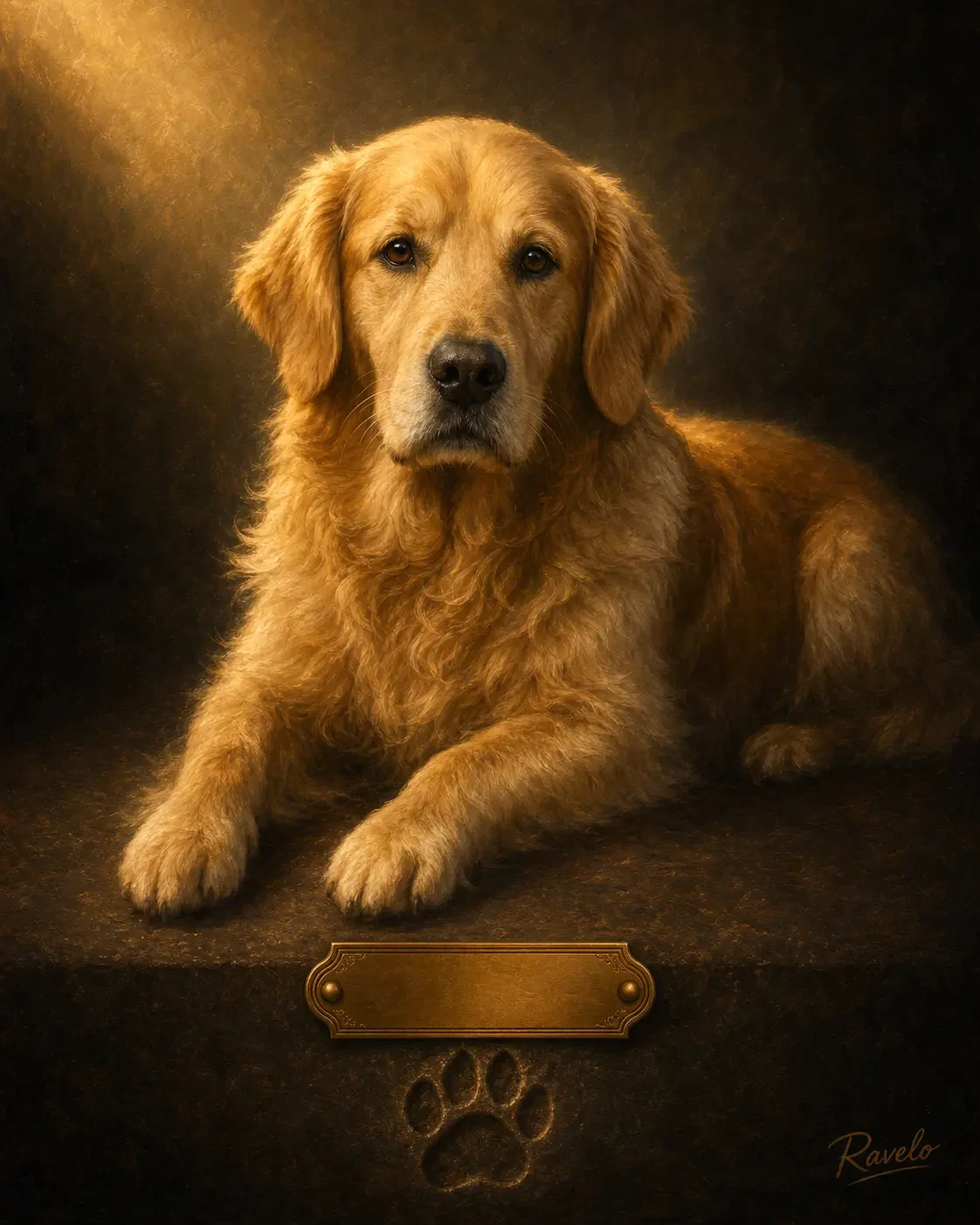 Erinnerungsbild eines Golden Retrievers mit Namensschild und Pfotenabdruck vor dunklem Hintergrund im warmen Licht