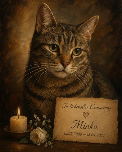 Erinnerungsbild einer Katze mit Kerze, Blume, Namen Minka und Lebensdaten im warmen klassischen Portraitstil