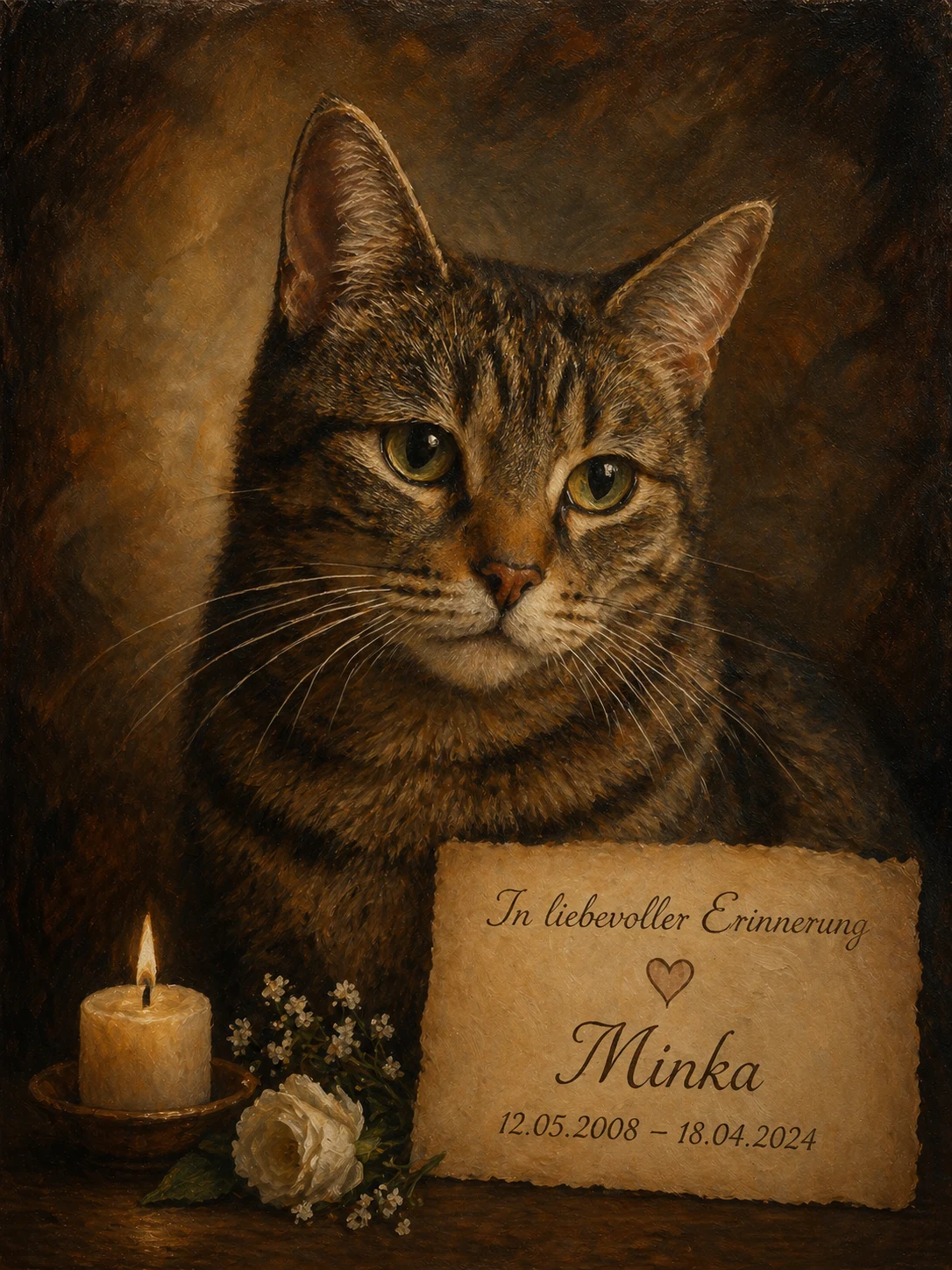 Erinnerungsbild einer Katze mit Kerze, Blume, Namen Minka und Lebensdaten im warmen klassischen Portraitstil