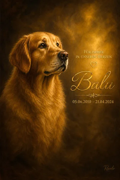 Erinnerungsbild eines Golden Retrievers mit Namen Balu, Datum und liebevollem Gedenktext vor warmem goldenem Hintergrund