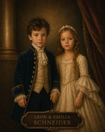Zwei Kinder als royales Geschwisterportrait im klassischen Ölgemälde-Stil mit edler Kleidung und Namensschild