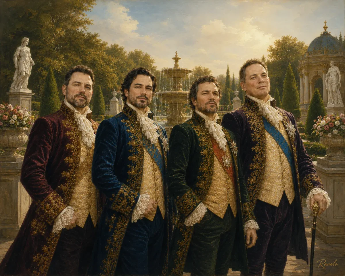 Drei Männer als adlige Herren im klassischen Ölgemälde-Stil mit edlen Gewändern in einem Schlossgarten
