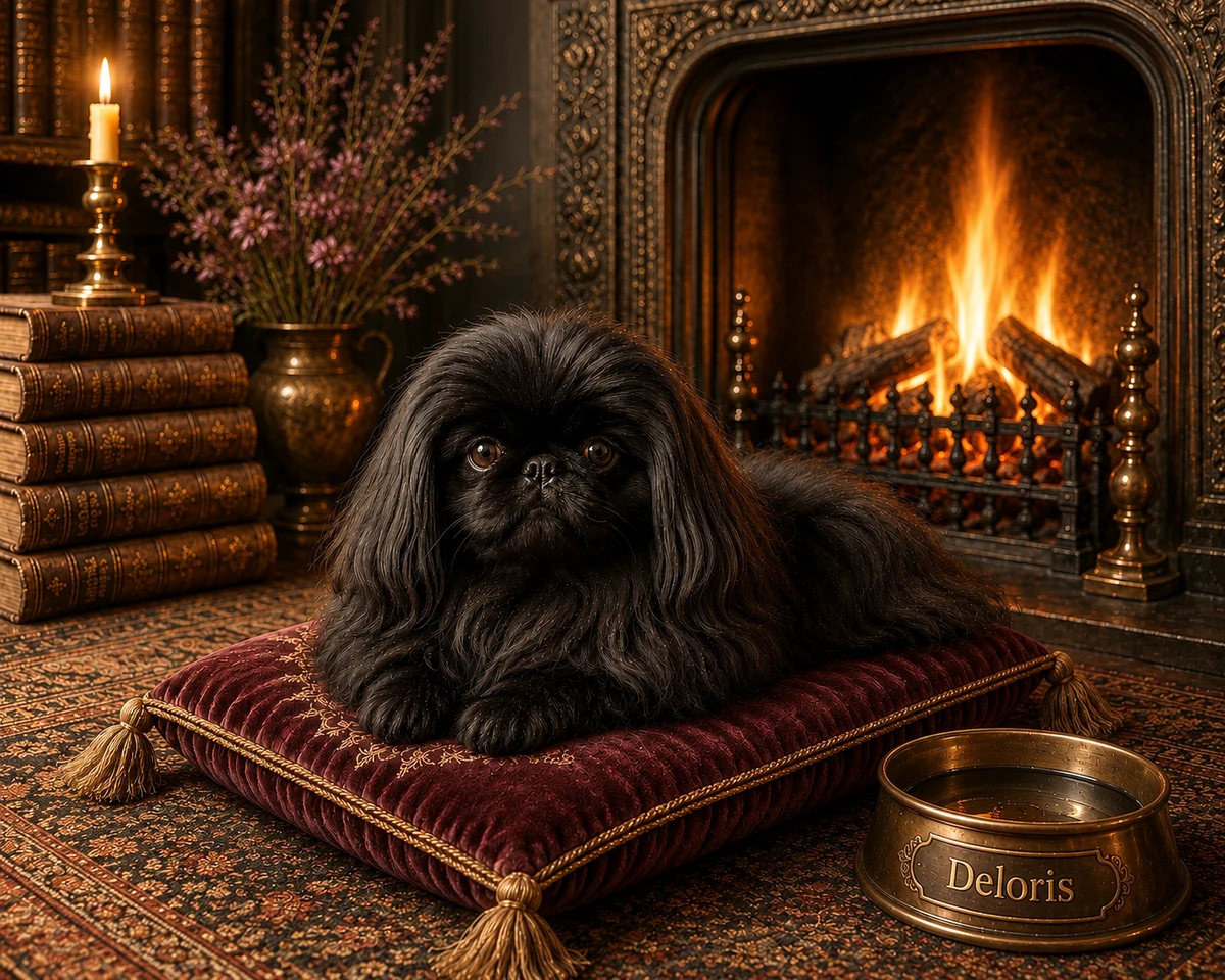 Schwarzer Hund auf einem roten Samtkissen vor Kaminfeuer in elegantem klassischem Wohnambiente