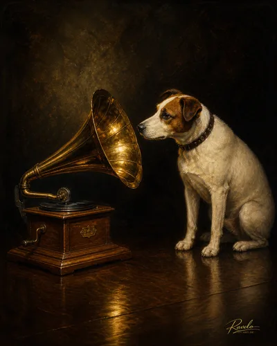 Personalisiertes Hundeportrait eines kleinen Hundes neben einem alten Grammophon im klassischen Vintage-Stil