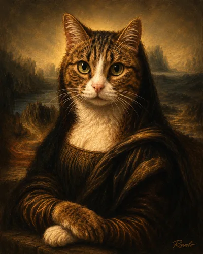 Katze als Mona Lisa inspiriertes Kunstportrait mit dunklem Gewand, Landschaftshintergrund und klassischer Renaissance-Optik