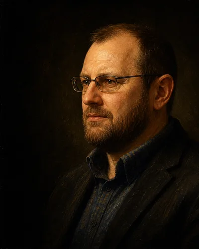 Herrenportrait im klassischen Ölgemälde-Stil mit dunklem Hintergrund, warmem Licht und seriöser Ausstrahlung