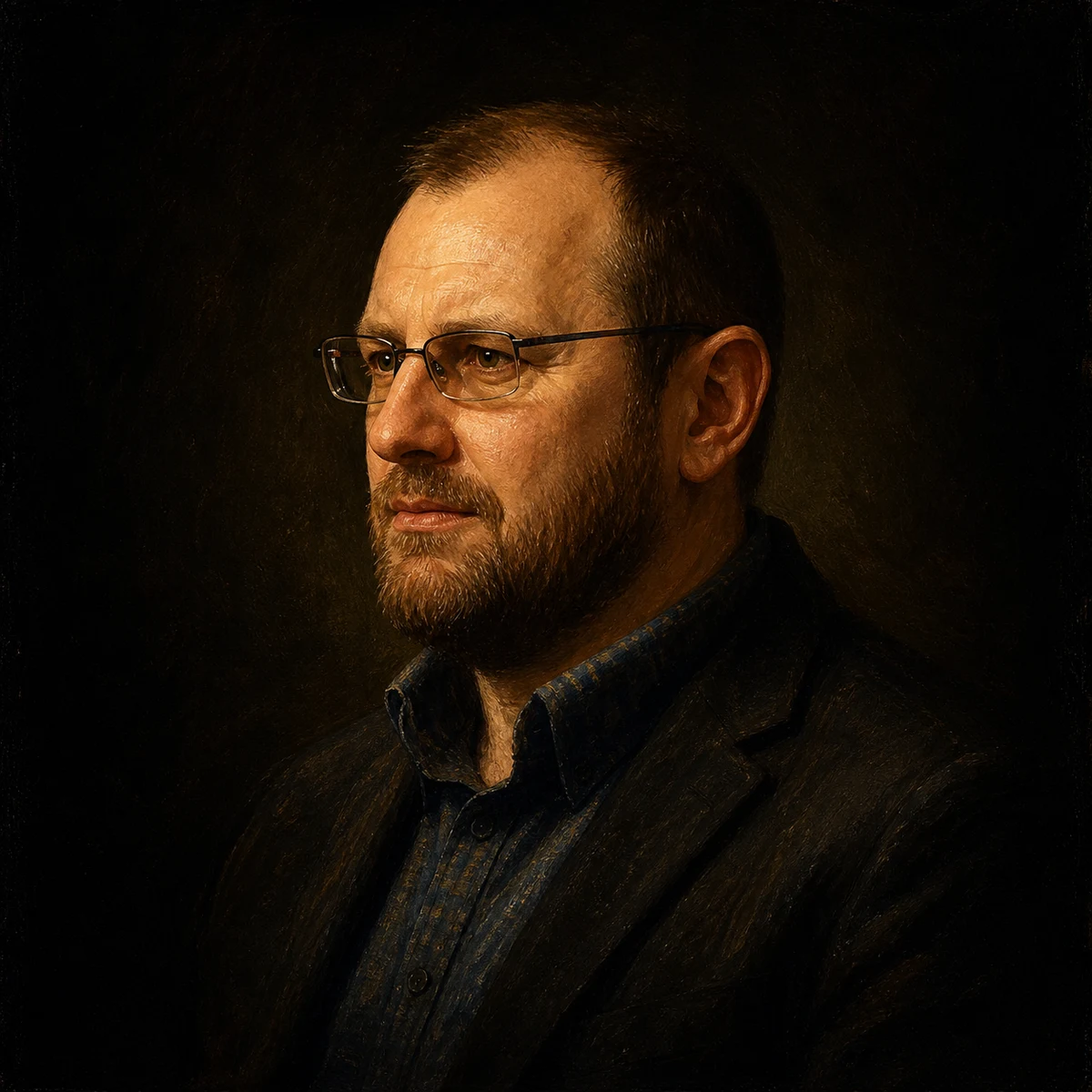 Herrenportrait im klassischen Ölgemälde-Stil mit dunklem Hintergrund, warmem Licht und seriöser Ausstrahlung