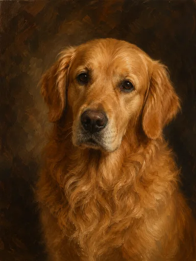 Personalisiertes Hundeportrait eines Golden Retrievers im klassischen Ölgemälde-Stil mit warmem dunklem Hintergrund