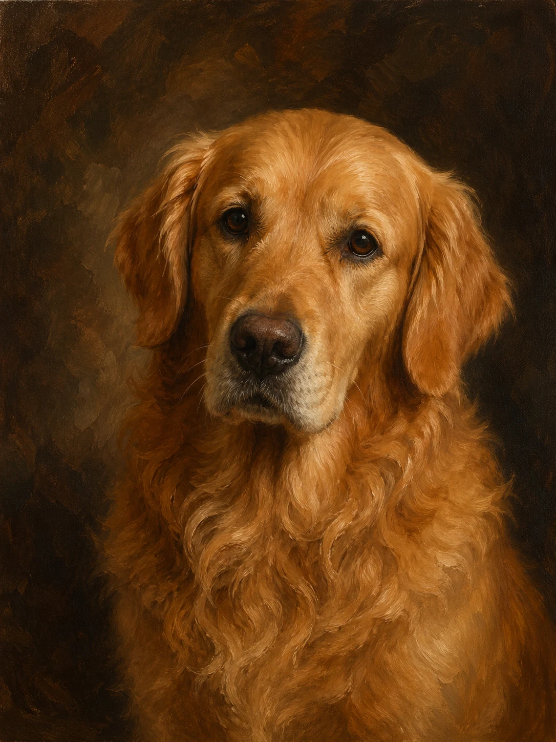 Personalisiertes Hundeportrait eines Golden Retrievers im klassischen Ölgemälde-Stil mit warmem dunklem Hintergrund