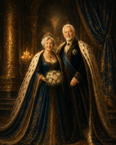 Älteres Paar als königliches Portrait im klassischen Ölgemälde-Stil mit Krönungsmänteln, Kerzenlicht und festlicher Schloss-Atmosphäre