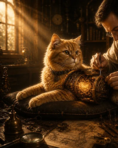 Personalisierbares digitales Steampunk Katzenbild mit orangefarbener Katze und leuchtendem mechanischem Herz
