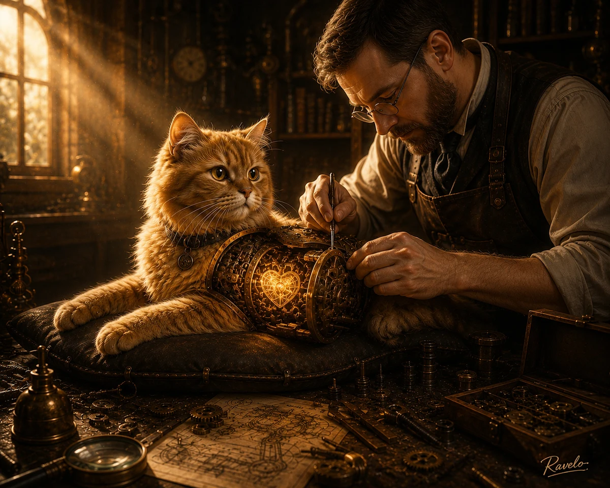Personalisierbares digitales Steampunk Katzenbild mit orangefarbener Katze und leuchtendem mechanischem Herz