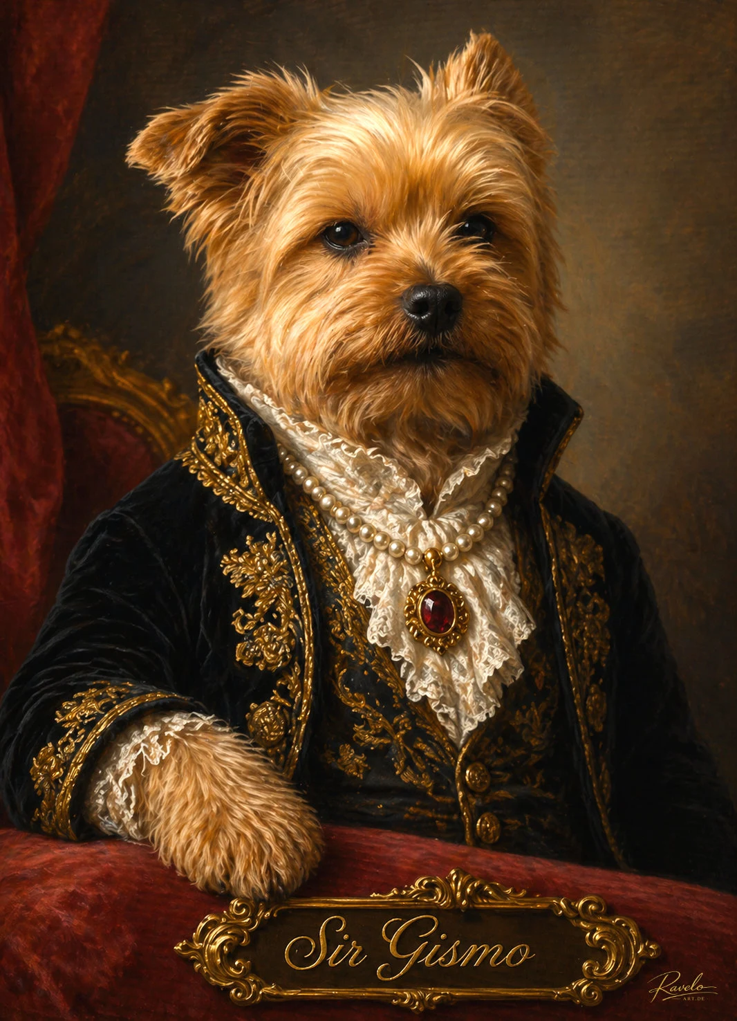 Personalisiertes Hundeportrait eines kleinen Hundes als royaler Adelsherr mit schwarzer Uniform, Goldstickerei und Namensschild Sir Gismo