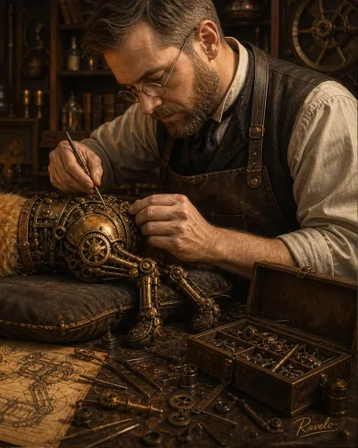 Steampunk Katze mit Mechaniker in einer dunklen Werkstatt mit Zahnrädern, Werkzeugen und viktorianischer Atelier-Atmosphäre