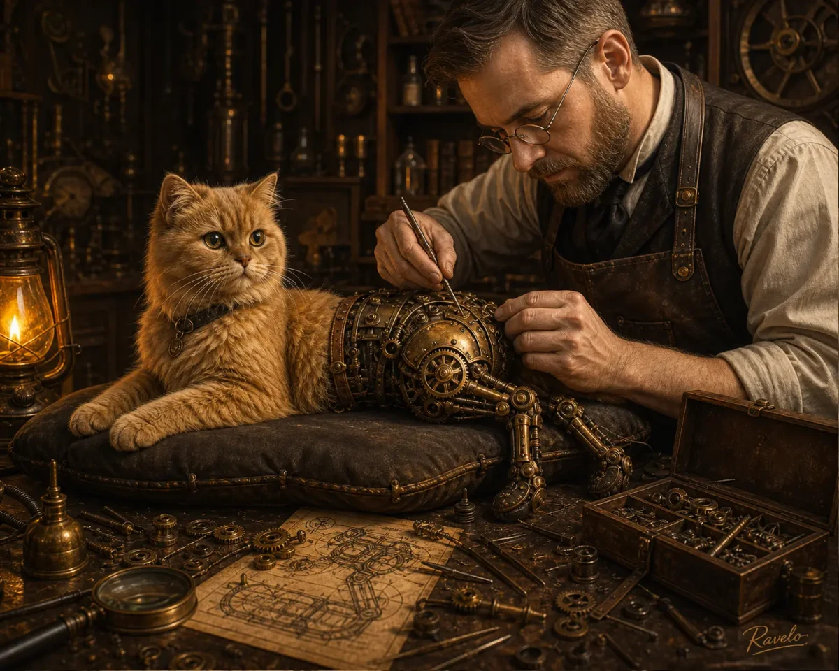Steampunk Katze mit Mechaniker in einer dunklen Werkstatt mit Zahnrädern, Werkzeugen und viktorianischer Atelier-Atmosphäre
