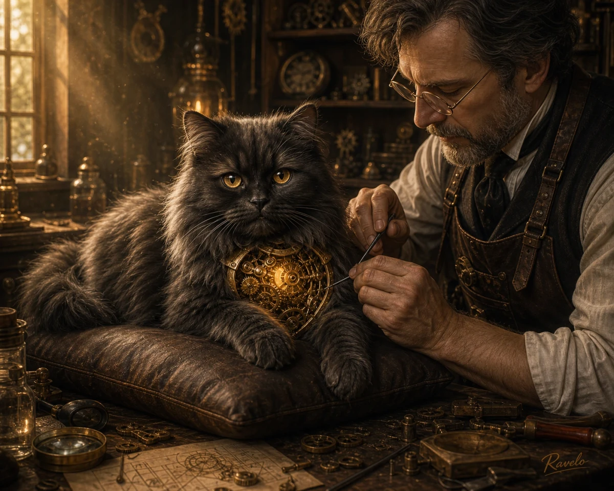 Steampunk Katzenportrait einer schwarzen Katze mit goldenen Zahnrädern und Mechaniker in einer viktorianischen Werkstatt