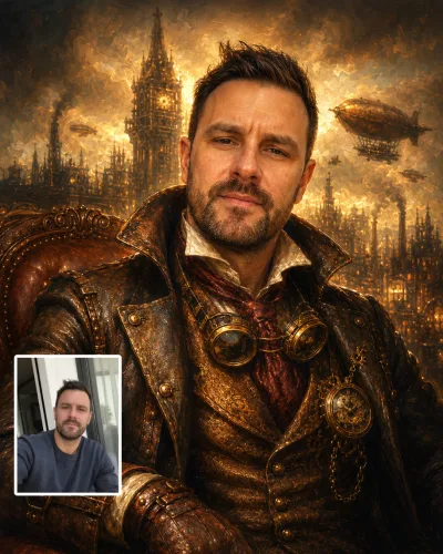 Personalisiertes Steampunk Portrait eines Mannes als viktorianischer Gentleman mit Lederjacke, Taschenuhr und Luftschiffen