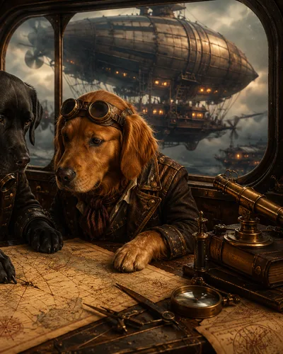 Zwei Hunde als Steampunk Abenteurer mit Pilotenbrillen, Karten und Luftschiff in einer viktorianischen Kommandokabine