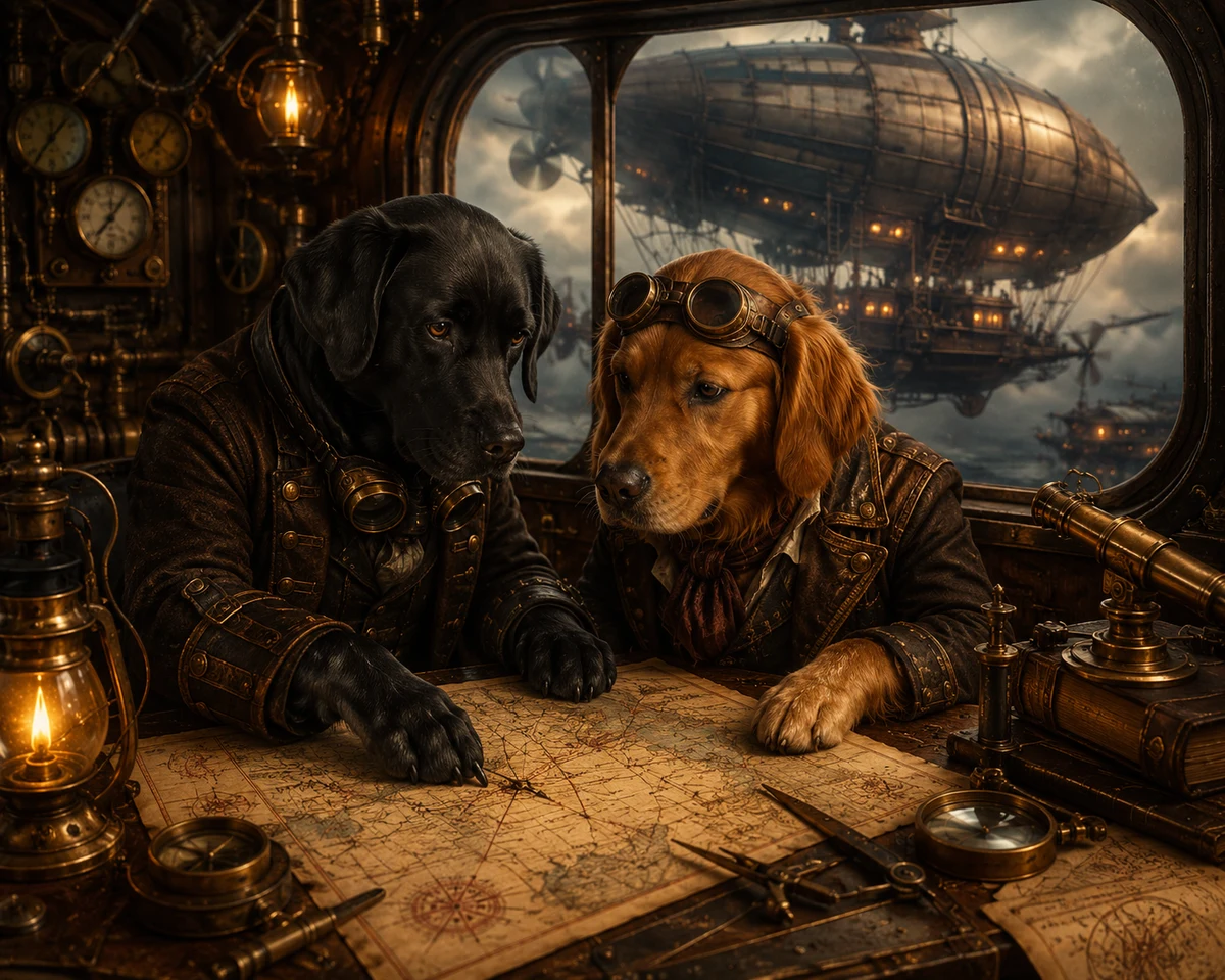 Zwei Hunde als Steampunk Abenteurer mit Pilotenbrillen, Karten und Luftschiff in einer viktorianischen Kommandokabine