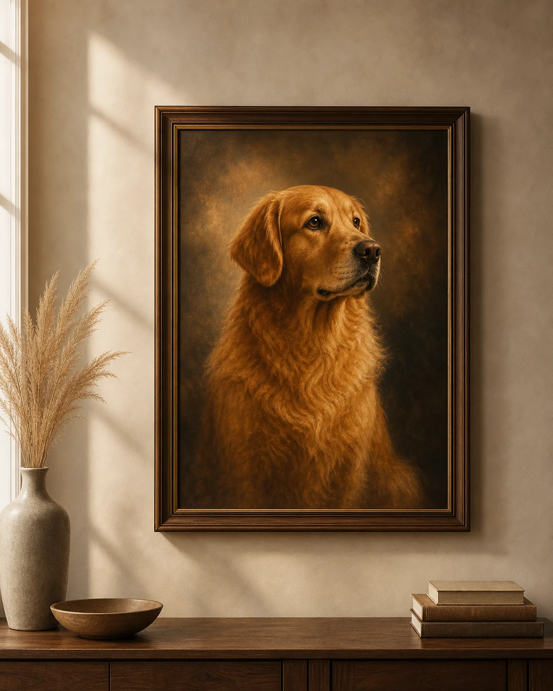 Gerahmtes Hundeportrait an einer warm beleuchteten Wand als Ravelo-Art Preisbeispiel